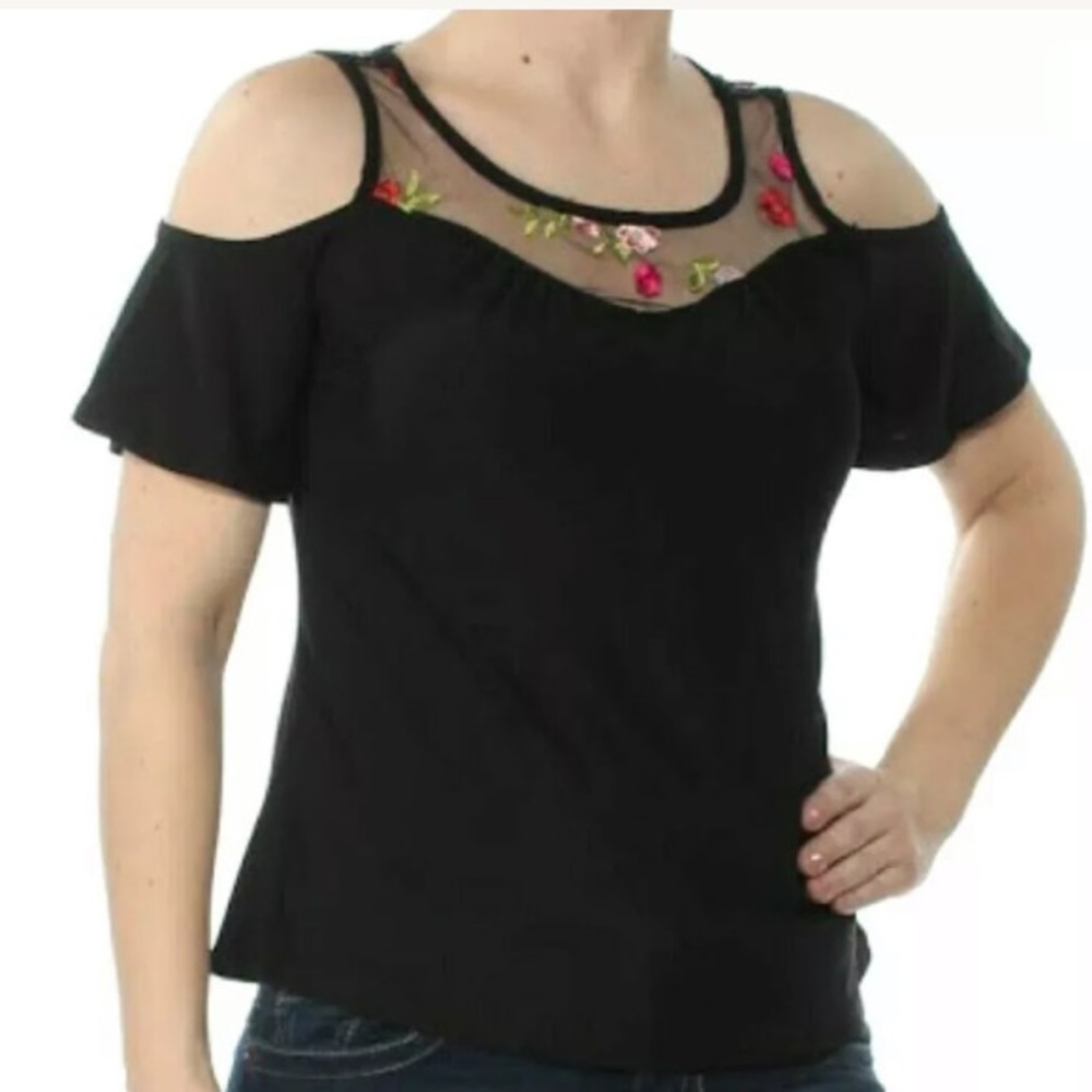 Ultra Flirt Black Floral Embroidered Cold Shoulder Top Large